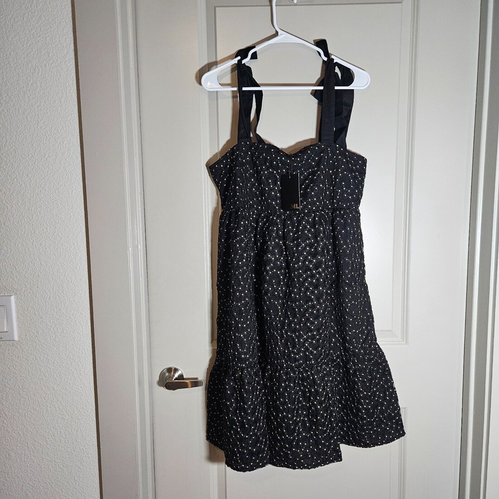 NWT THML Anthropologie Dress Large Tie Strap‎ Glitter Embroidered Black